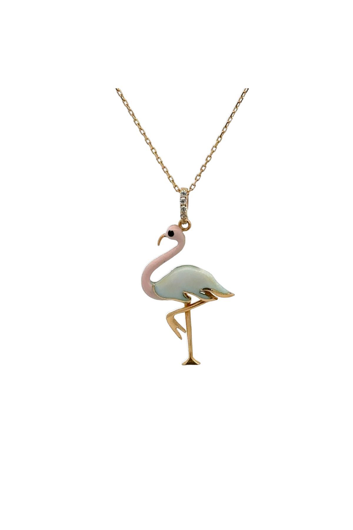 Mine Flamingo Figürlü Yeşil Altın Kolye